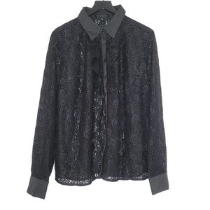 Eloquii Button Up Shirt Plus Size 22 Black Lace Sheer Long Sleeve Ruffle